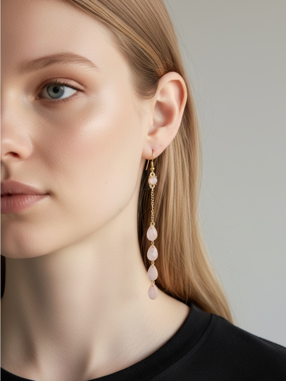 10/10 Gold Drop Earrings with Pink Teardrop Stones - Women Jewelry